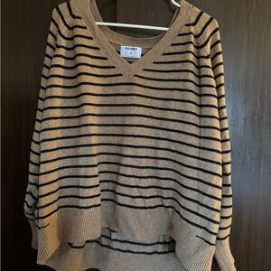 Old Navy Women's V-Neck Sweater - Beige and Black Stripes